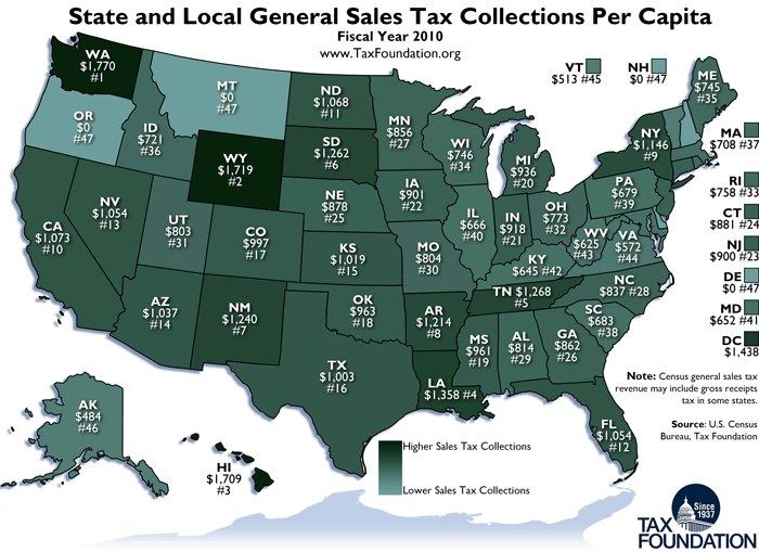 Monday Map: Sales Tax Collections Per Capita, Fiscal Year 2010 | Tax ...